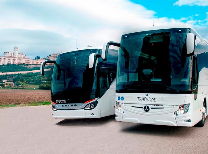 NCC Umbria coaches and minibuses with driver, luxury minivans and cars with chauffeur. Baroni hire services Assisi Perugia Italy